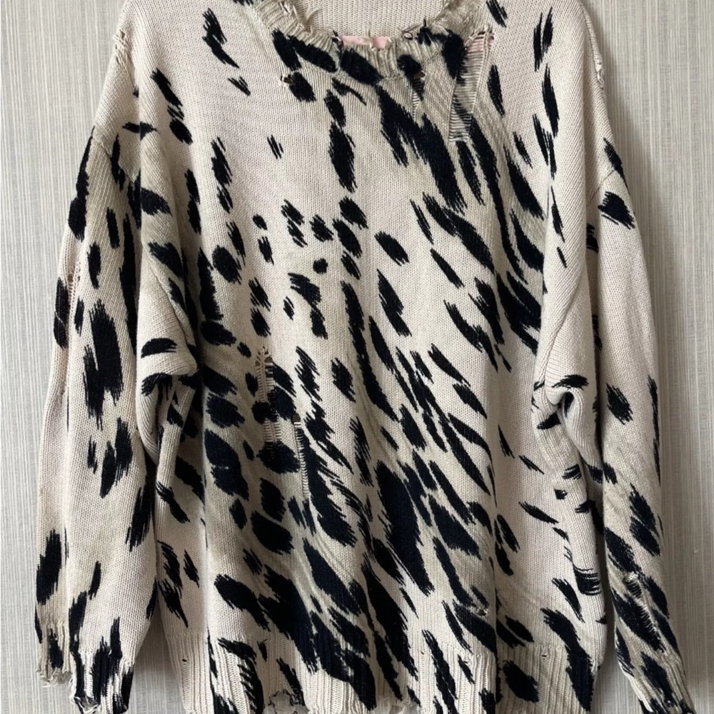 R13 Oversized Distressed Animal Print Black & Cream Sweater Unisex 25” pit 2 pit